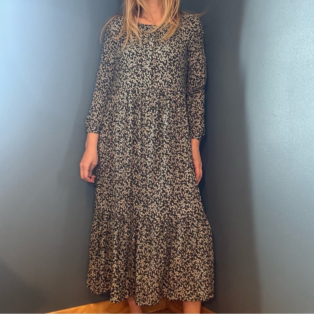 Dark Green & White Long Sleeve Leaf Print Maxi Dress size Medium - Picture 4 of 10